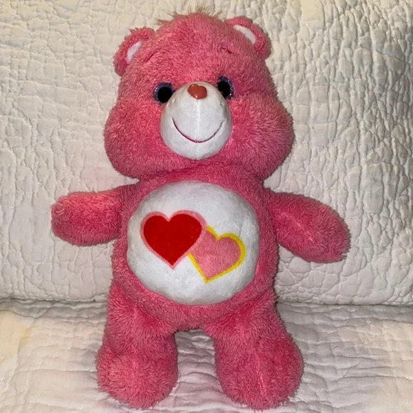 2018 CARE BEARS LOVE A LOT Bear 14” Pink Plush With Hearts On Tummy GLITTER  EYES